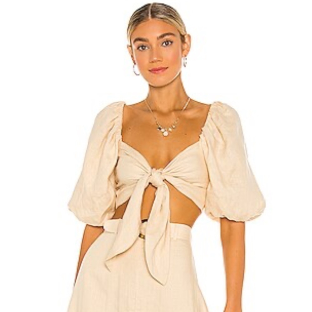 Faithfull the Brand Idrissy Cropped Top Tie Front Puff Sleeve Tan Linen Size S